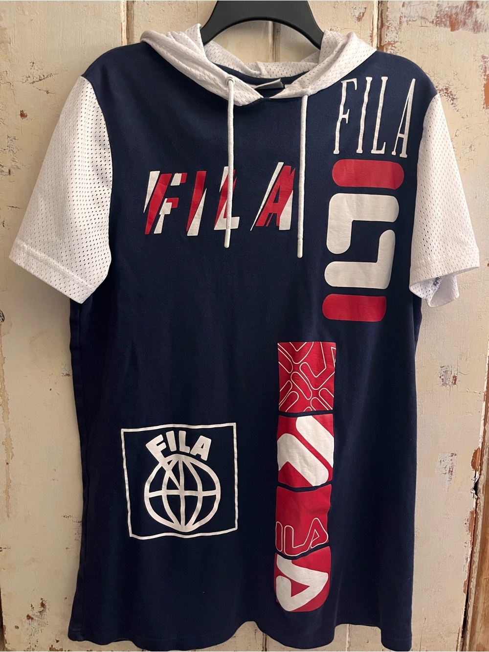FILA Classic Vintage 90s Navy and White Athletic Pullover Shortsleeved Hoodie